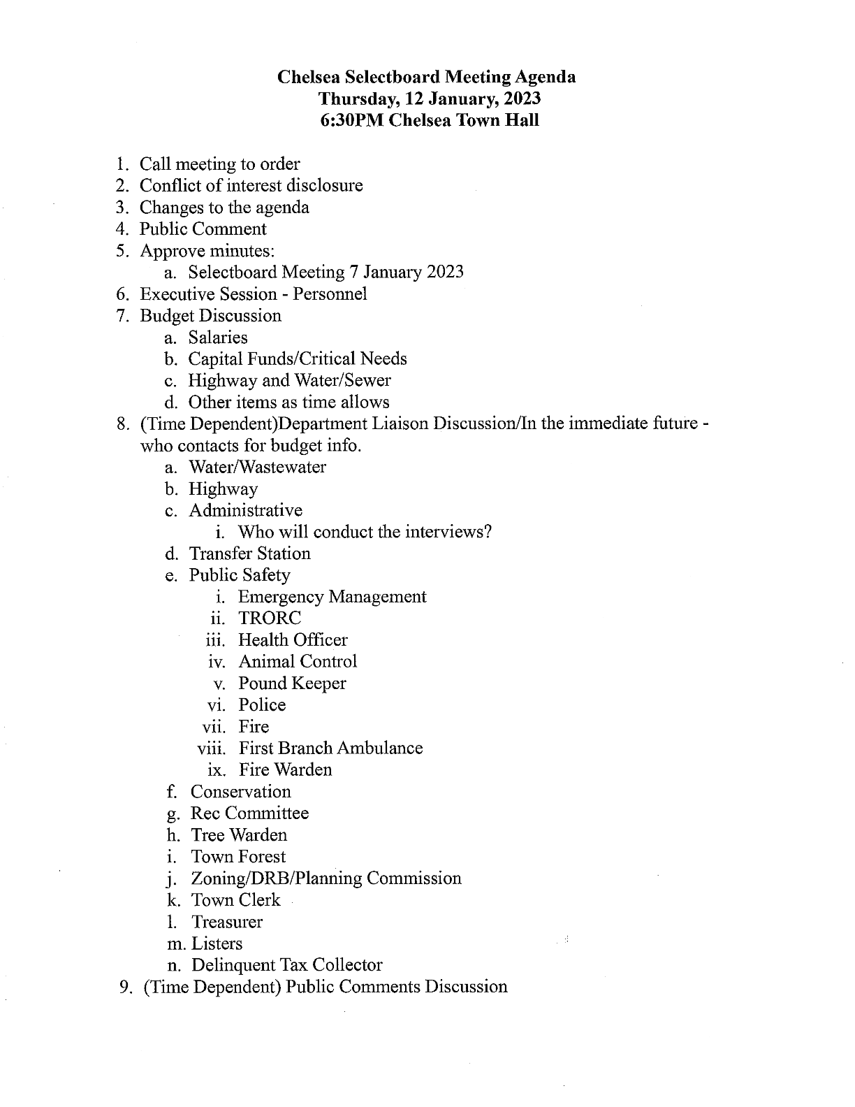 Special Selectboard Meeting Agenda Jan 12, 2023 Chelsea, Vermont