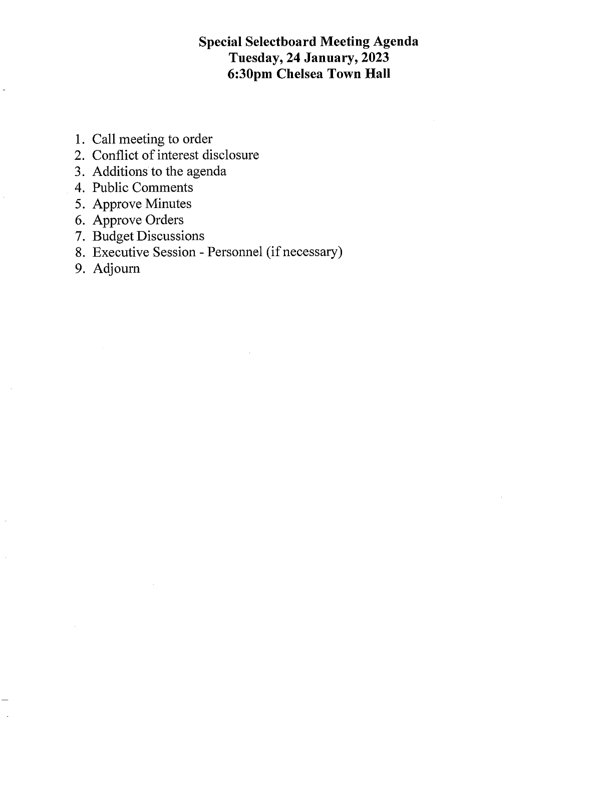 Special Selectboard Meeting Agenda Jan 24, 2023 Chelsea, Vermont