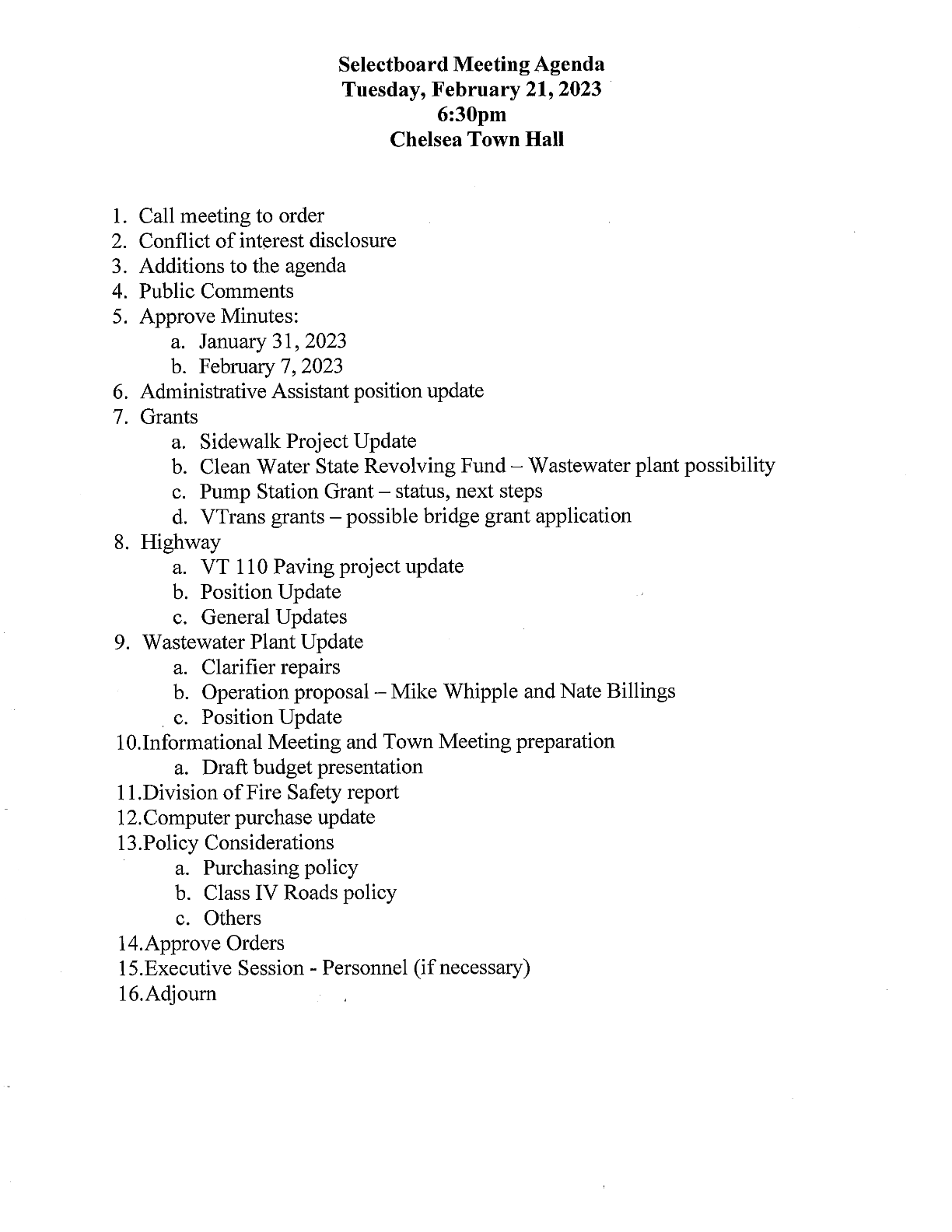 Selectboard Meeting Agenda Feb 21, 2023 Chelsea, Vermont
