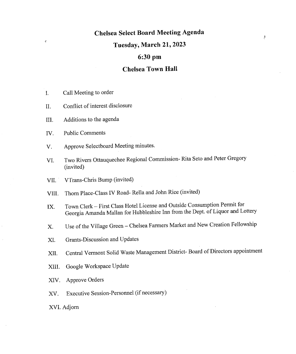 Selectboard Meeting Agenda Mar 21, 2023 Chelsea, Vermont